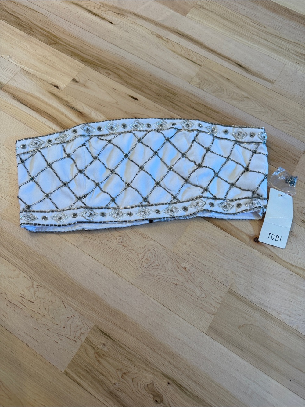 Tobi Beaded Exposed Zipper Bandeau Crop Top-White/Silver-New-L-Boho